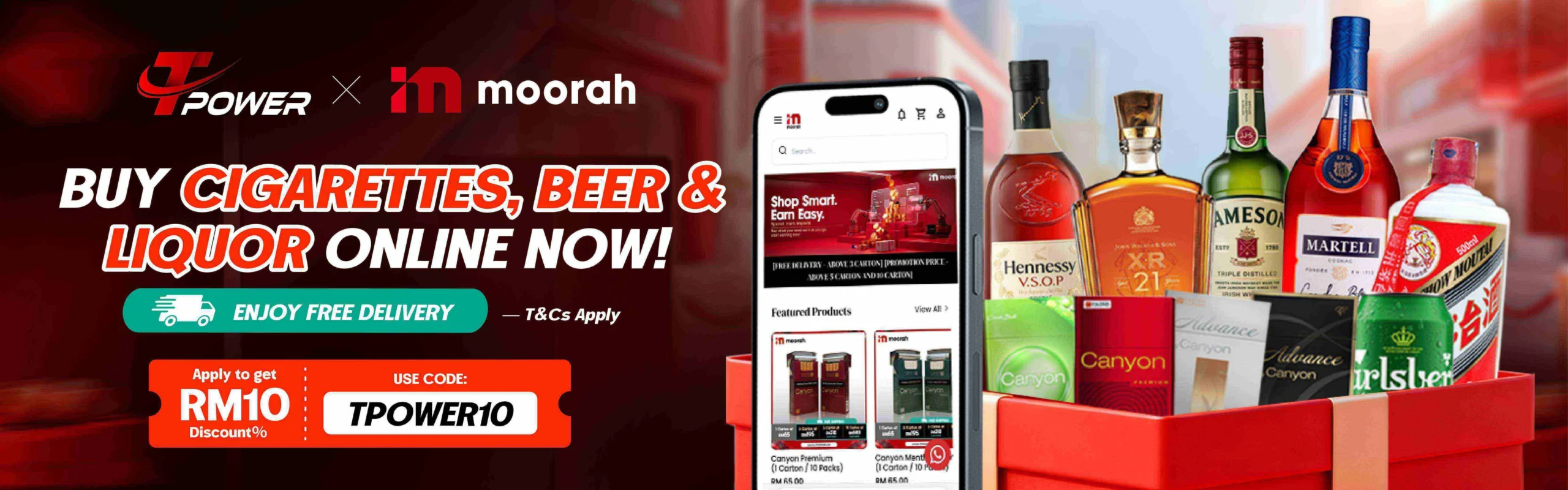 Tpower x Moorah online delivery promotion for cigarettes, beer and liquor
