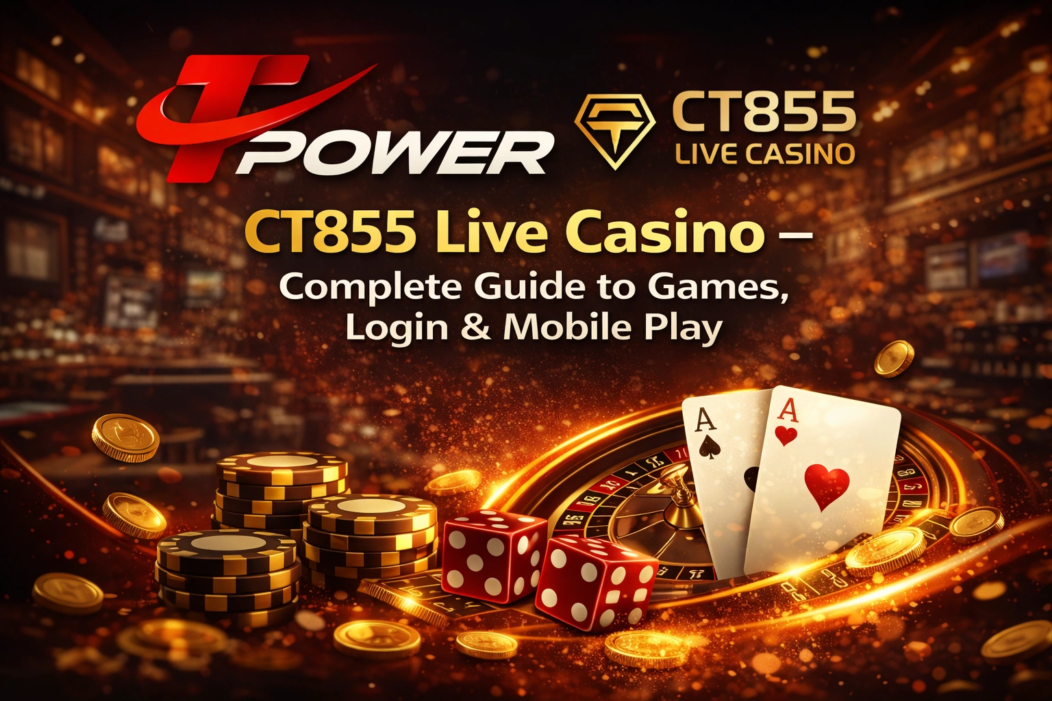 CT855 Live Casino complete guide banner with Tpower logo, roulette wheel, poker chips and playing cards