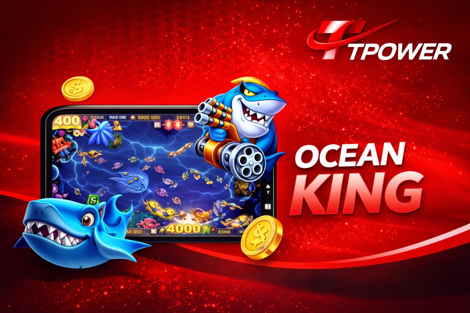Ocean King slot game banner with Tpower logo in red casino theme background