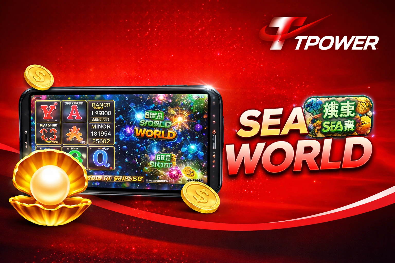 Sea World slot game banner with Tpower branding and underwater theme design