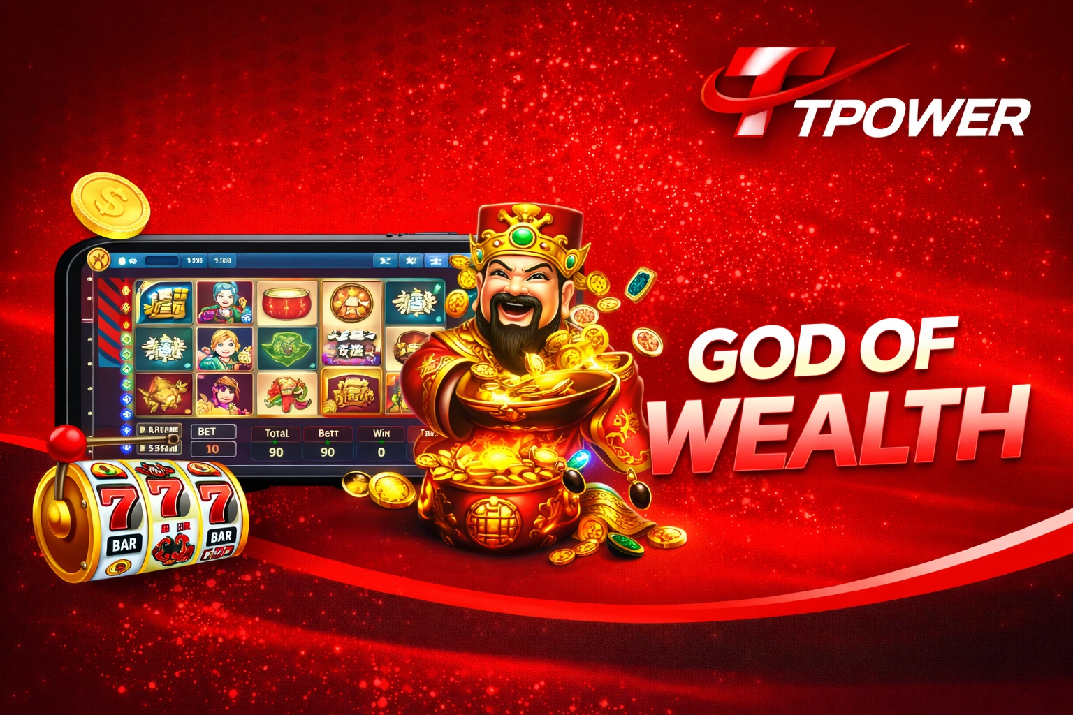 God of Wealth slot game banner with Tpower logo and Chinese prosperity theme