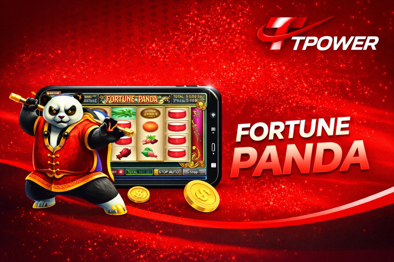 Fortune Panda slot banner with Tpower red theme and panda character design