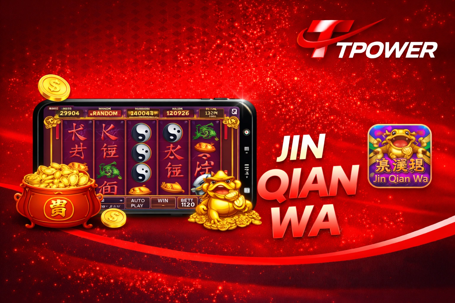 Jin Qian Wa slot banner with Tpower logo and golden frog jackpot theme