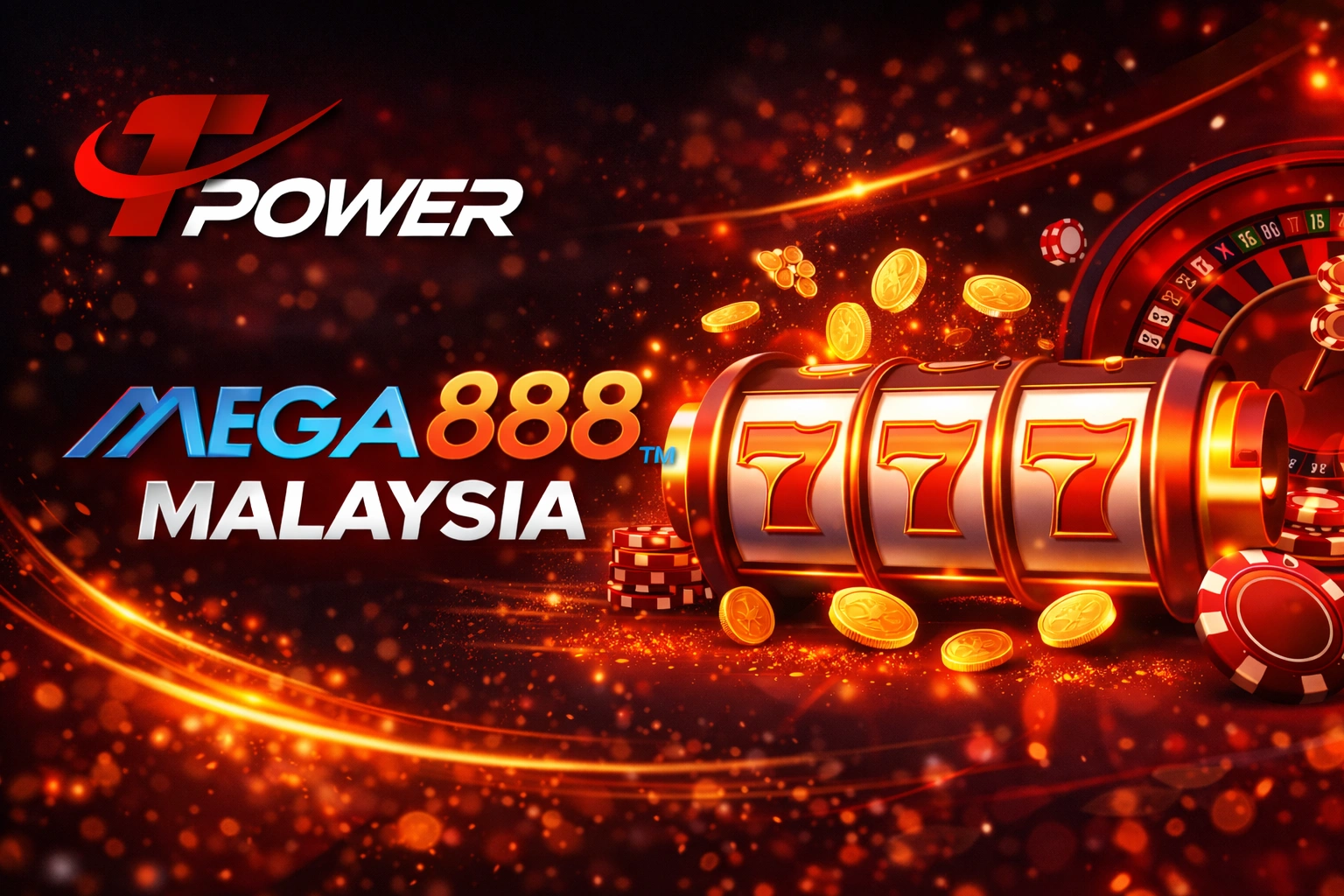 Mega888 Malaysia slot banner featuring 777 reels and casino theme with Tpower branding