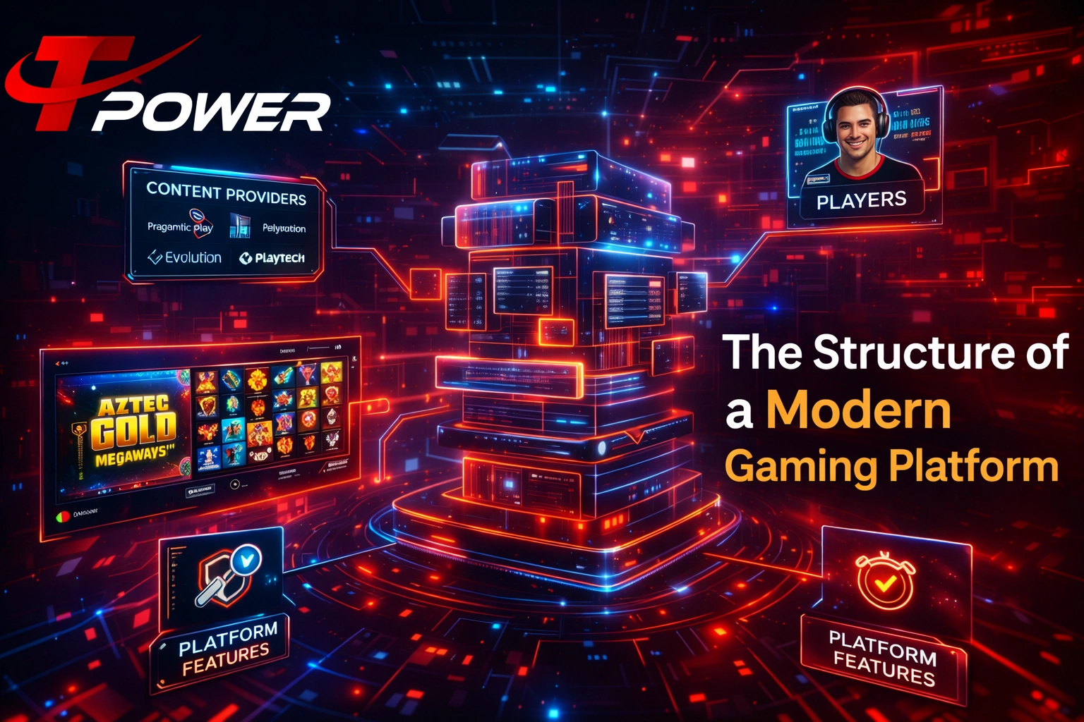 structure of a modern gaming platform showing servers content providers players and platform features
