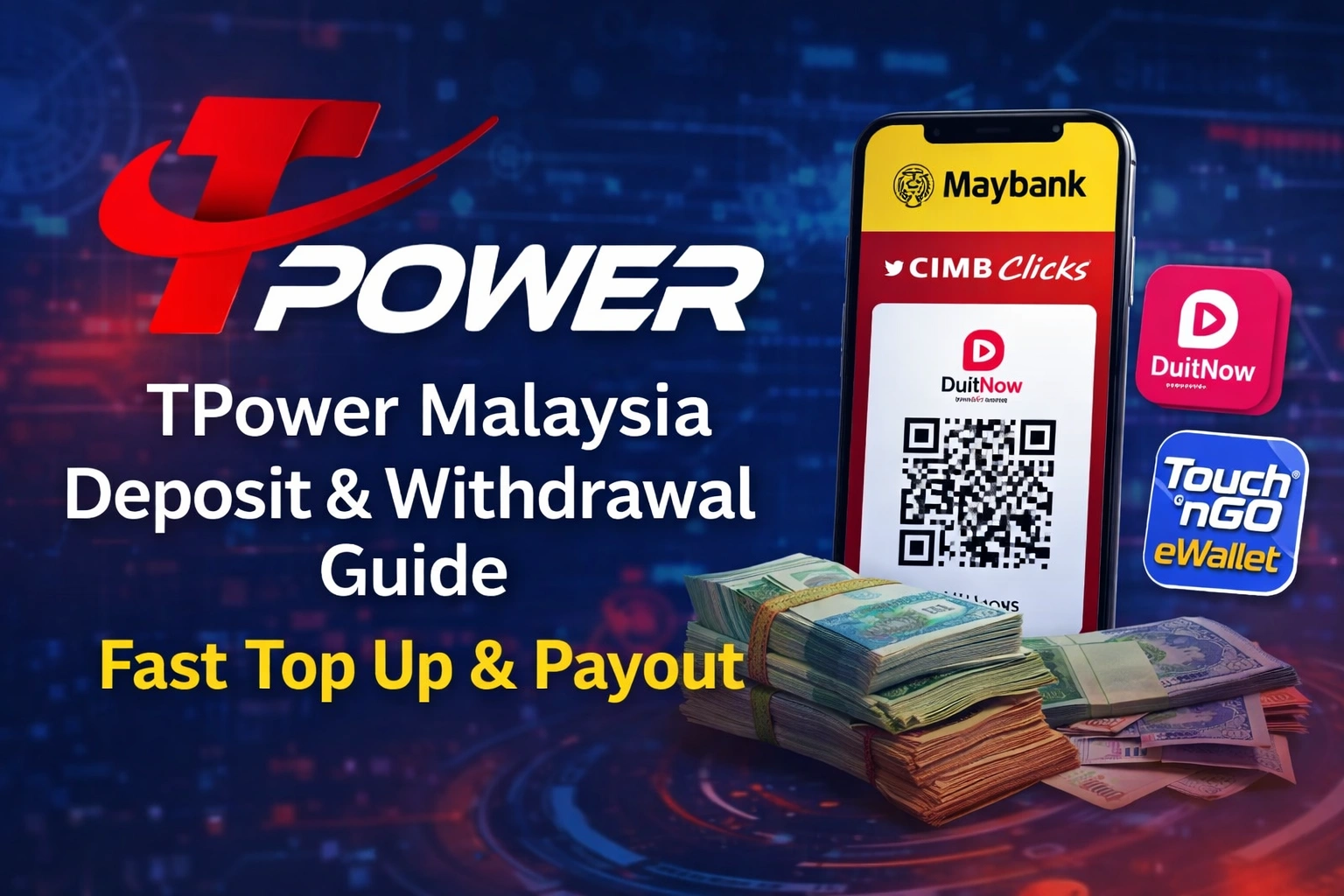 TPower Malaysia deposit and withdrawal guide with DuitNow QR, Touch n Go eWallet and fast payout illustration