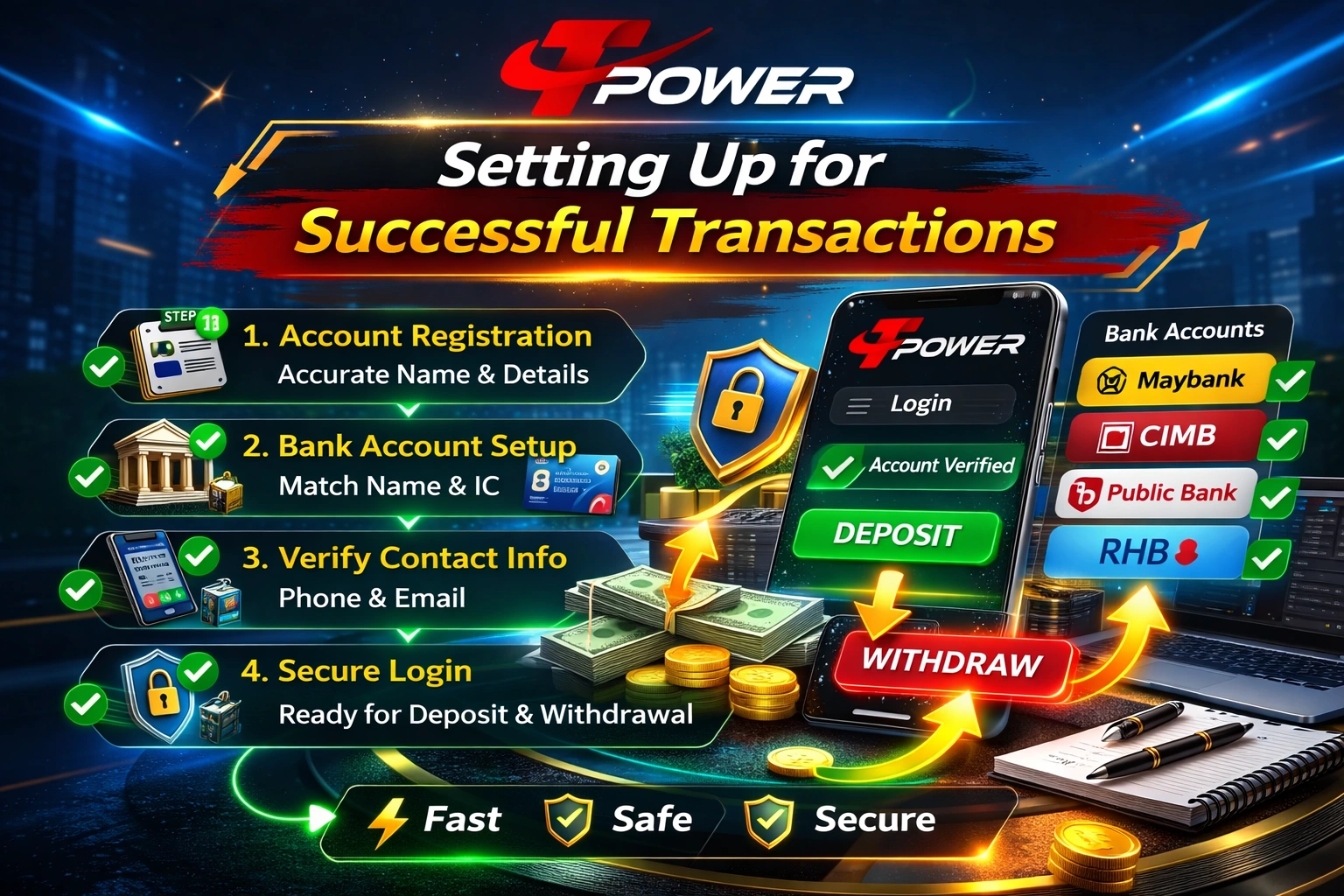 TPower account setup checklist for successful transactions including registration, bank matching and verification steps