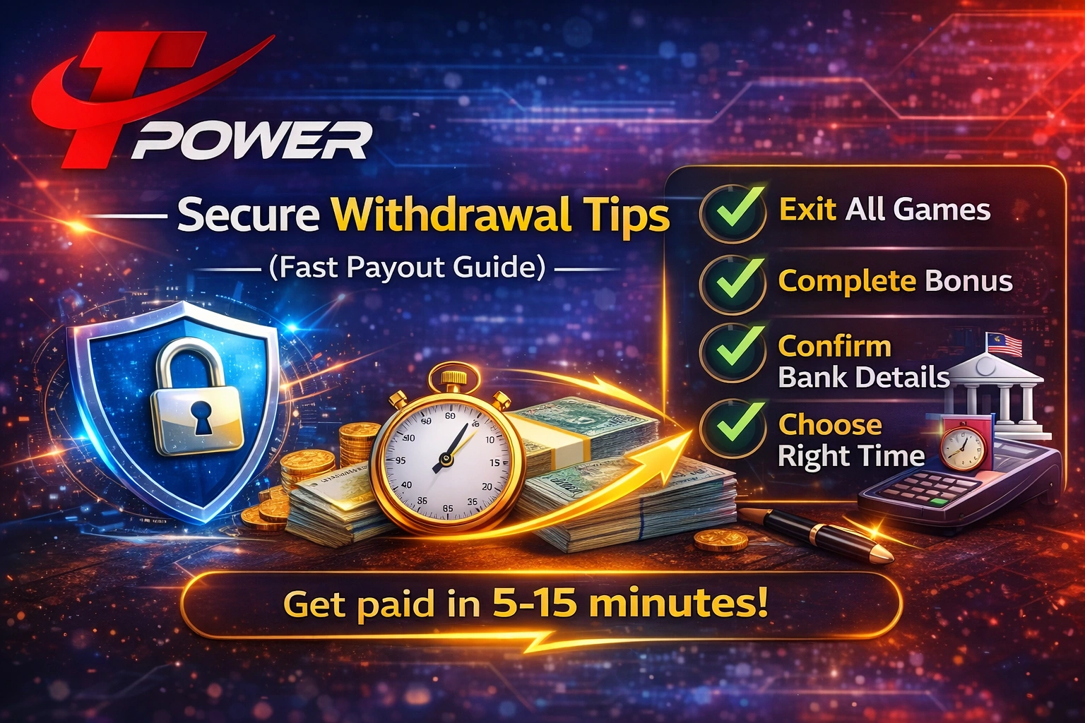 TPower fast withdrawal tips showing checklist for quick payout within 5 to 15 minutes