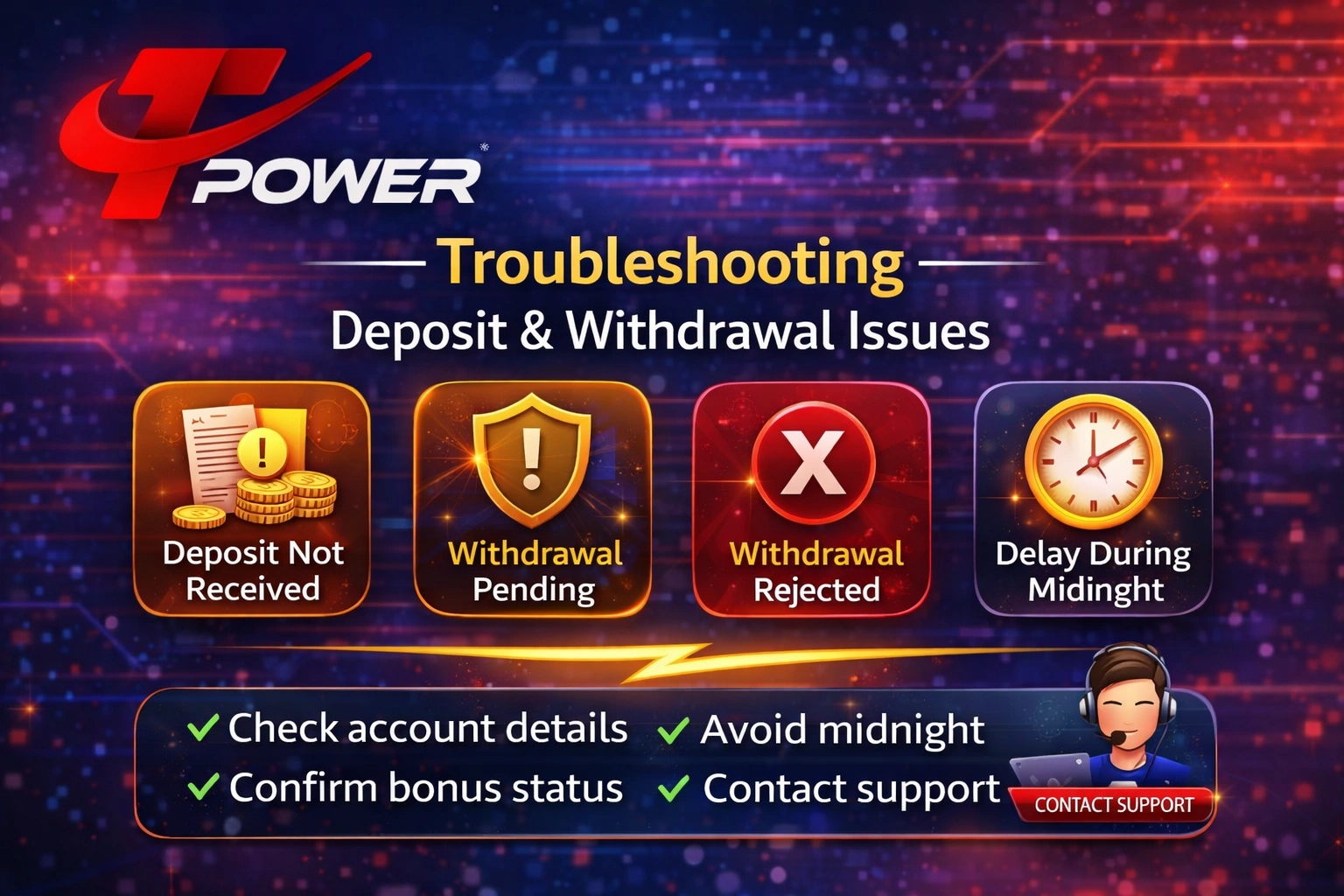 TPower troubleshooting guide for deposit not received withdrawal pending rejected and delay issues