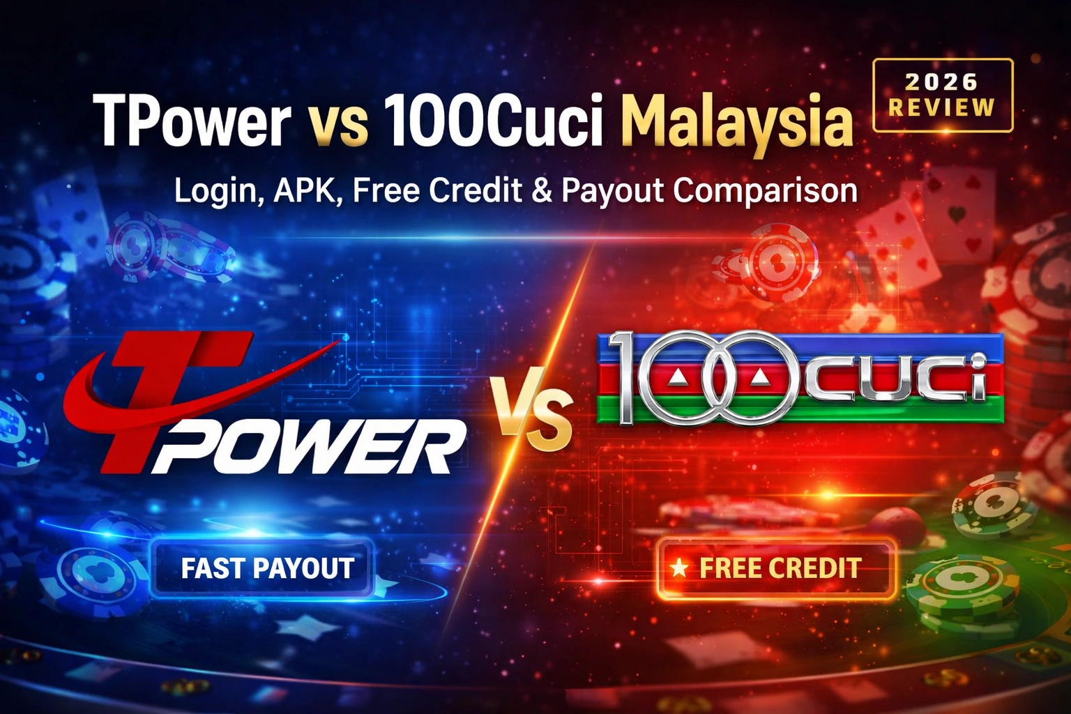 TPower vs 100Cuci Malaysia comparison banner showing login, APK, free credit and payout differences