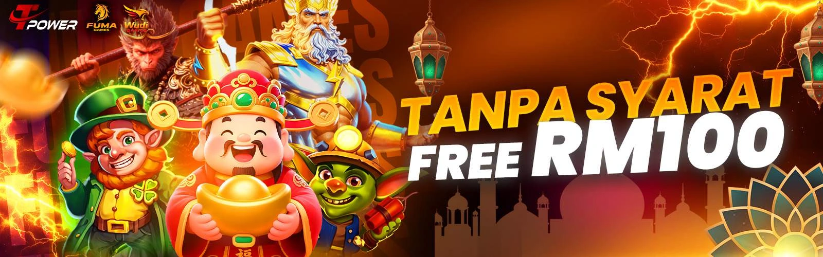 TPower promotion offering free RM100 without conditions featuring colorful game characters.