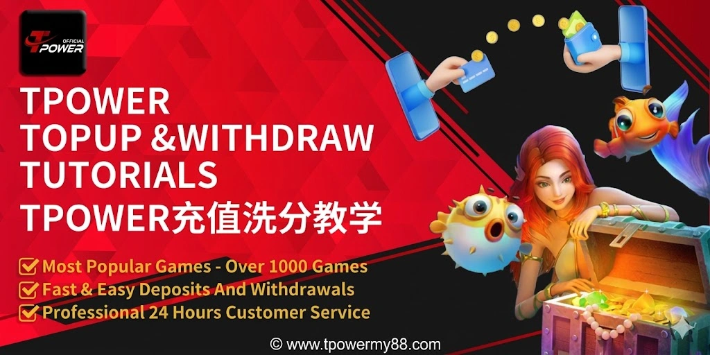 Tpower Topup and Withdraw Tutorials banner featuring a mermaid with a treasure chest