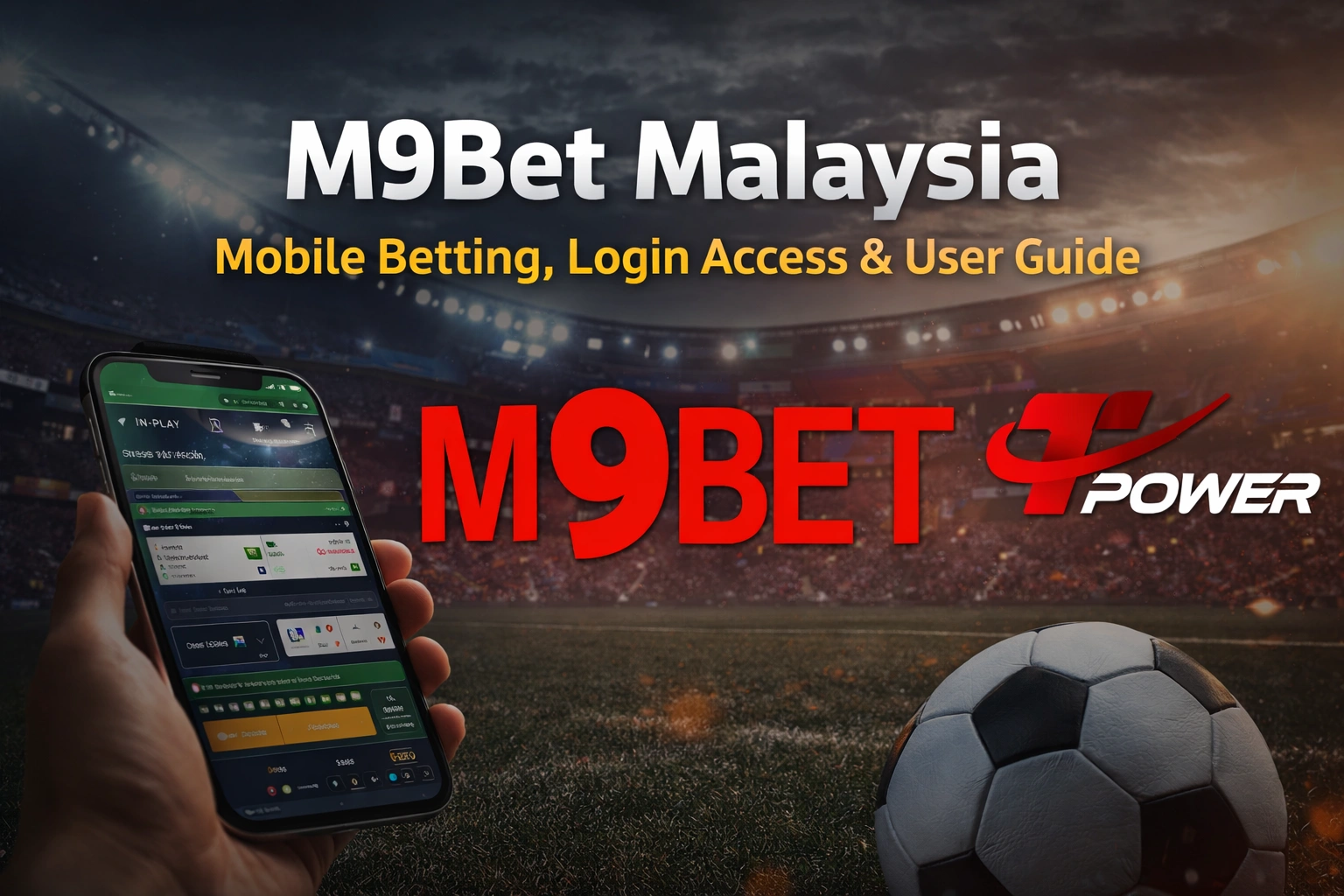 M9Bet Malaysia mobile betting login user guide banner with TPower platform sportsbook interface