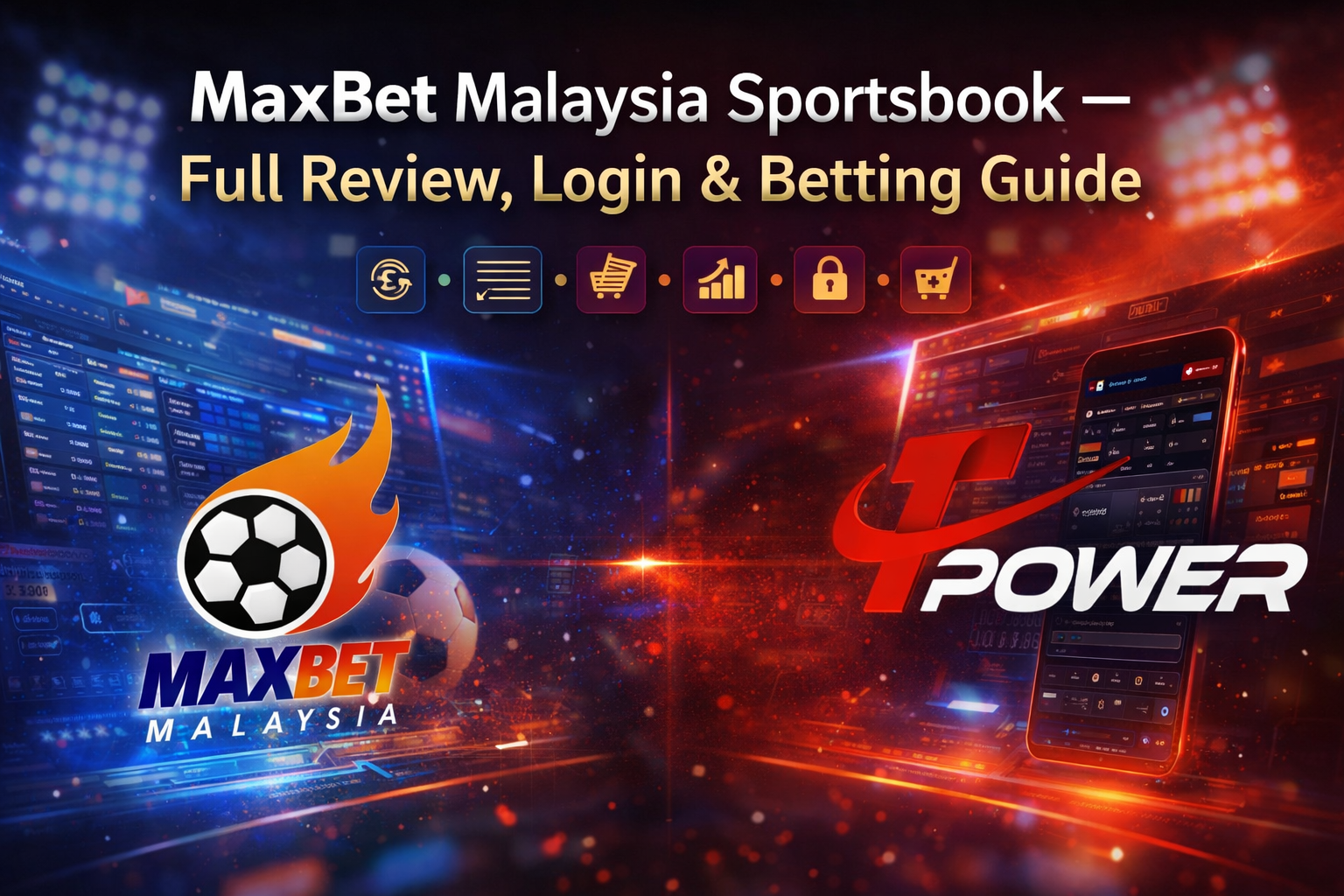 MaxBet Malaysia sportsbook review banner with TPower platform showing login, betting guide, and mobile sportsbook interface