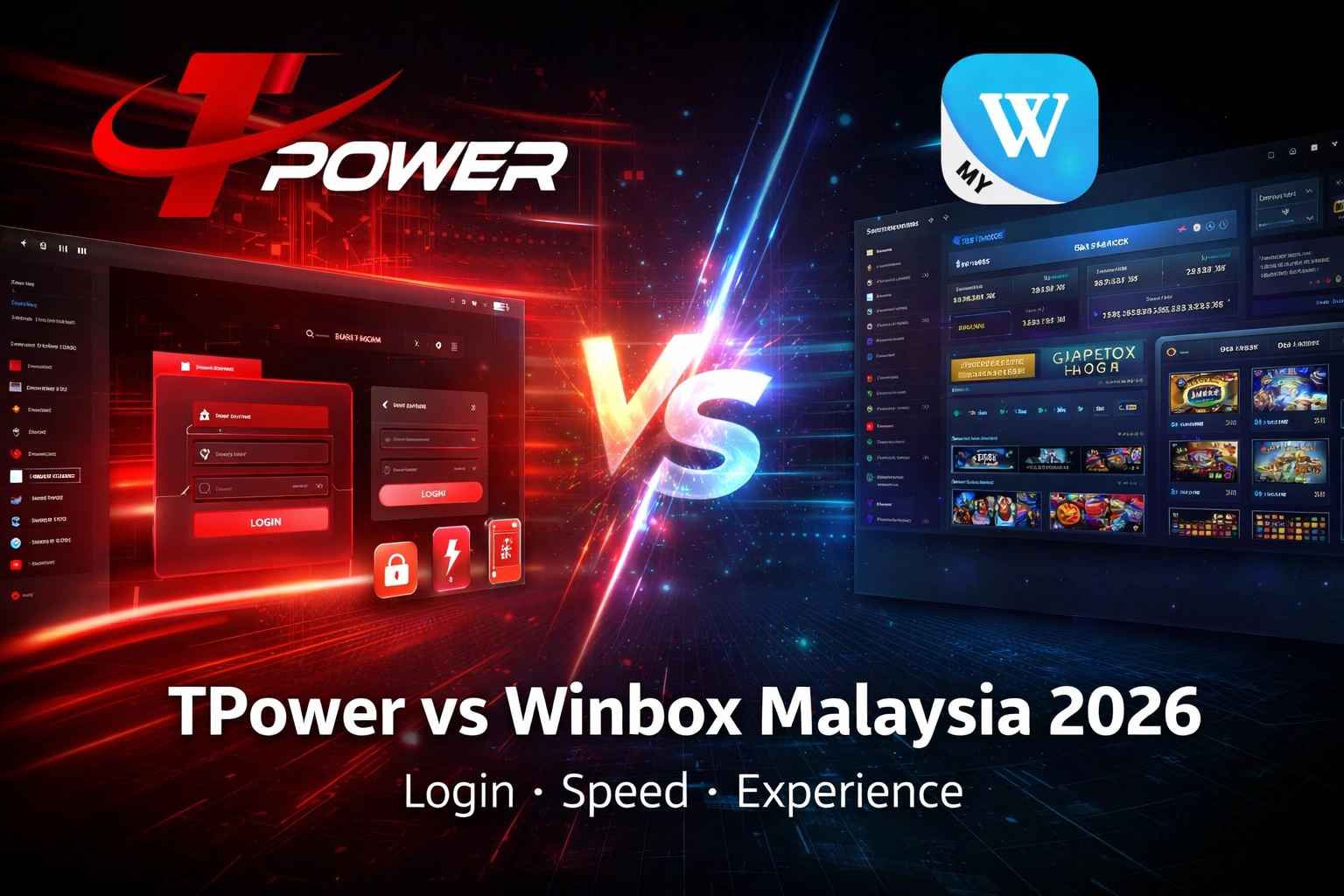TPower vs Winbox Malaysia 2026 comparison showing login speed and user experience interface