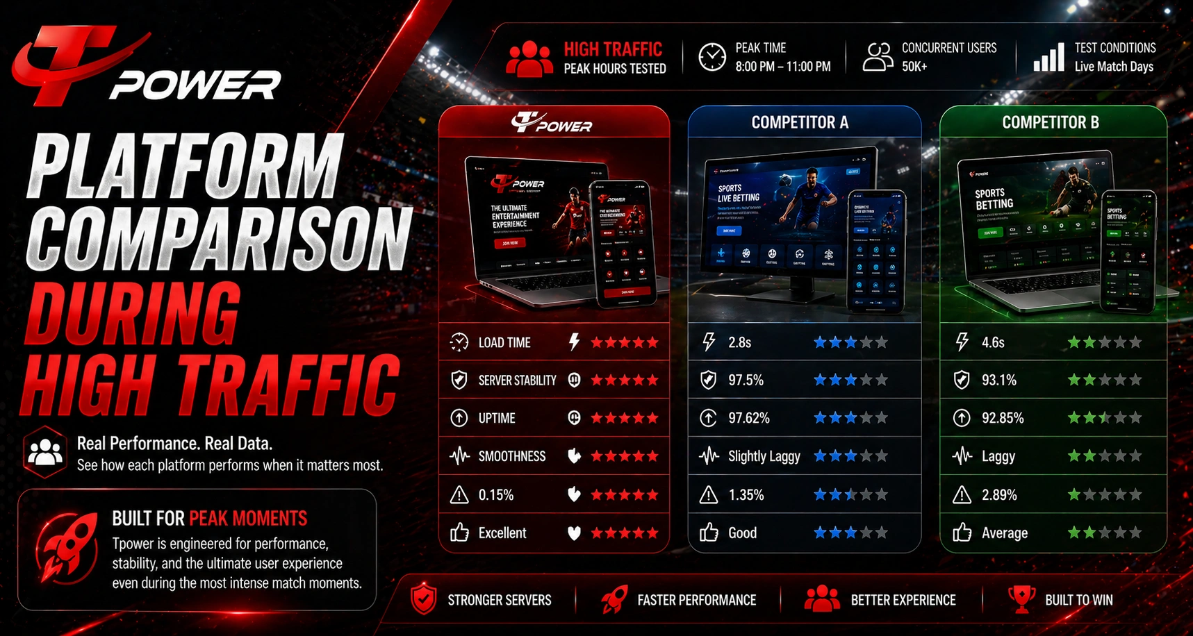 Tpower platform comparison during high traffic showing performance, uptime, and server stability vs competitors