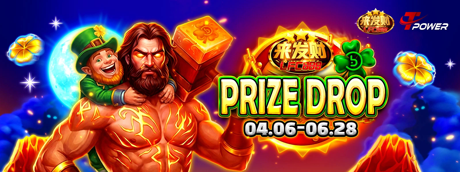 TPower LFC888 Prize Drop promotion banner featuring a fantasy warrior character, lucky clover symbols, and Malaysia online casino campaign event for June 2026.