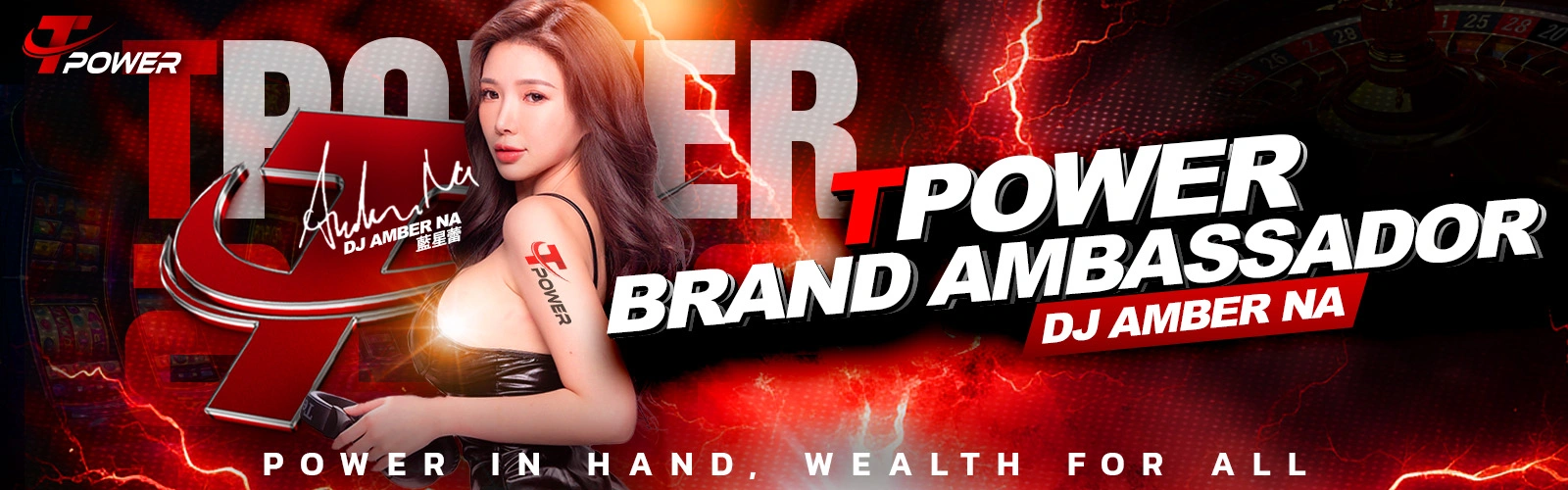 TPower brand ambassador DJ Amber Na promotional banner featuring red lightning visuals and Malaysia online casino branding.