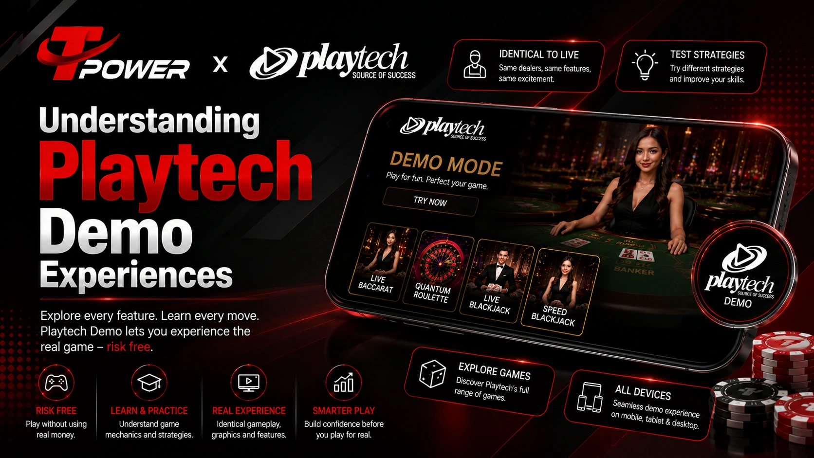 Playtech Demo experience featuring demo mode access to Live Baccarat, Quantum Roulette, Live Blackjack, and Speed Blackjack games.