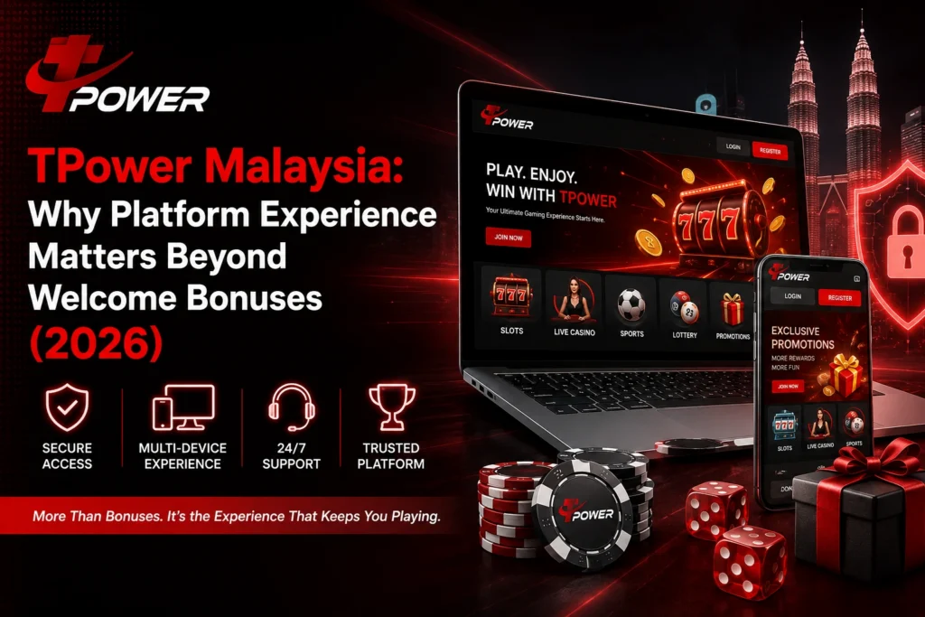 TPower Malaysia platform experience guide showing secure access, multi-device support, trusted platform features, and welcome bonuses in 2026