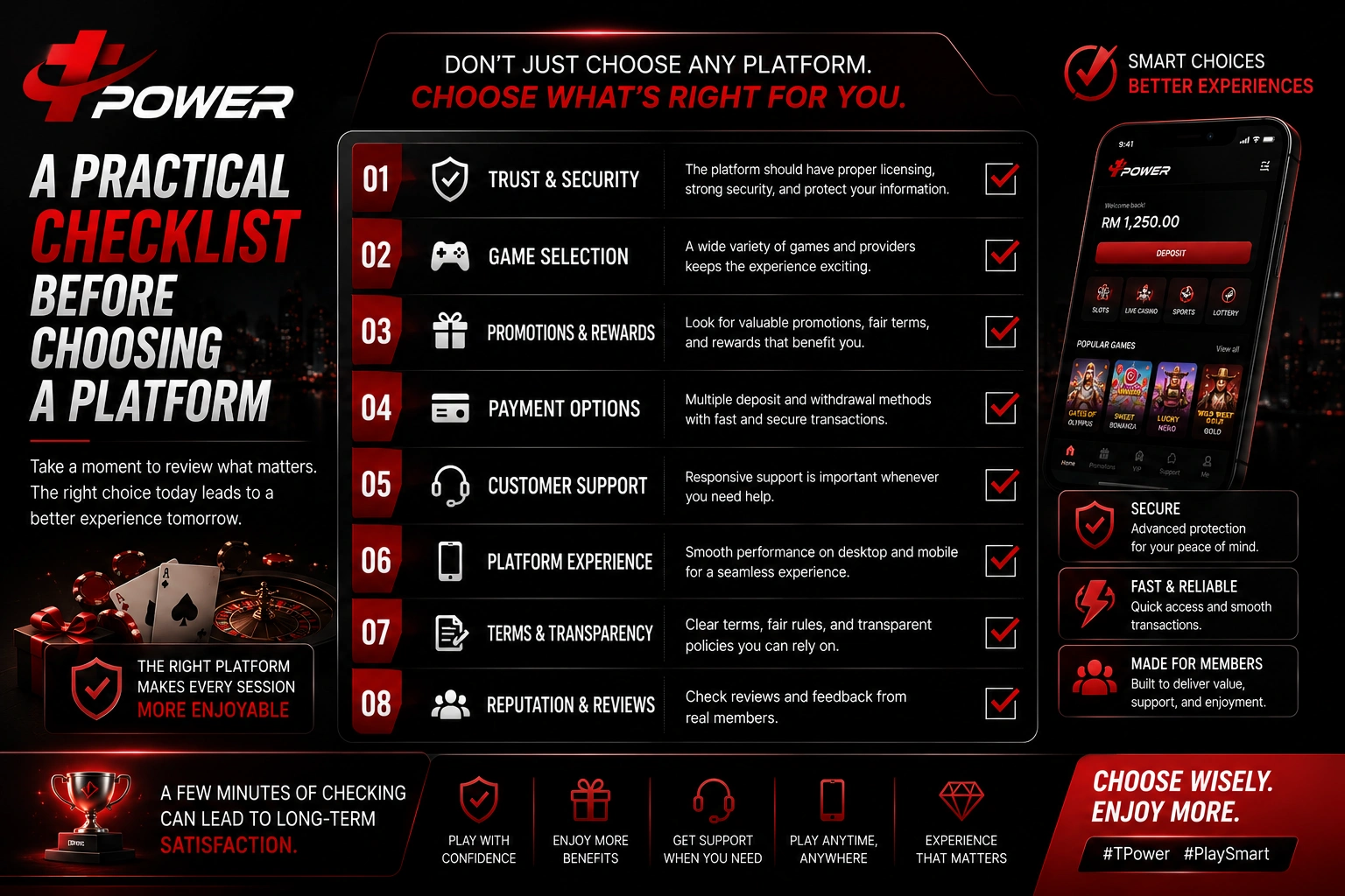 TPower Malaysia practical checklist showing trust, security, payment options, customer support, and platform experience before choosing an online platform