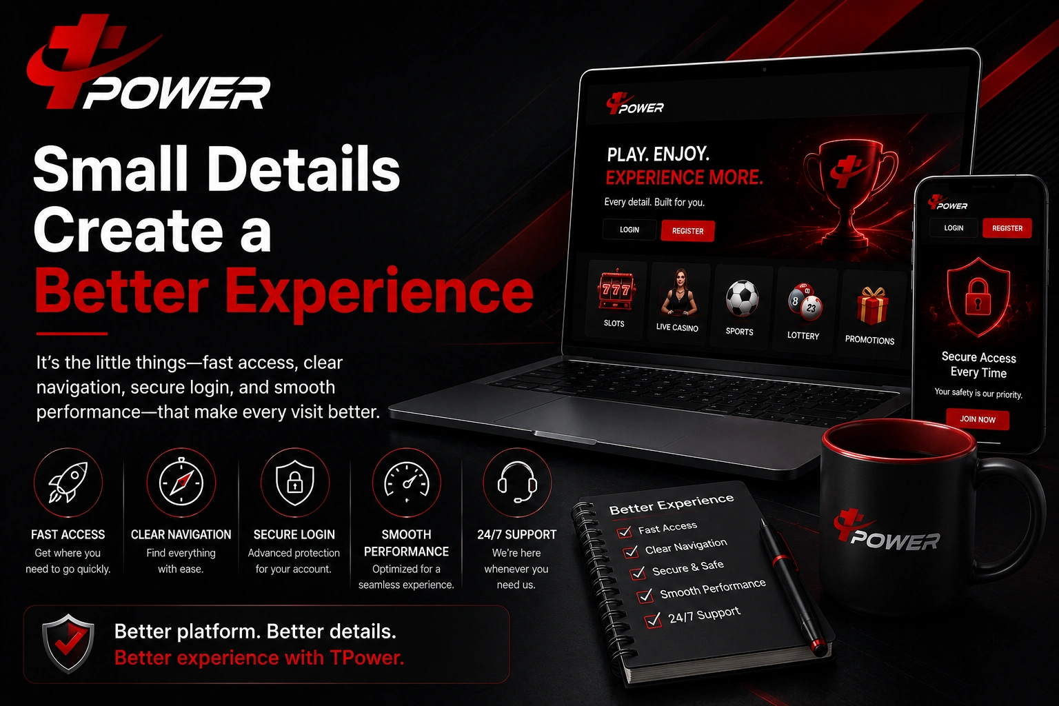 TPower Malaysia platform highlighting fast access, secure login, smooth navigation, and better member experience