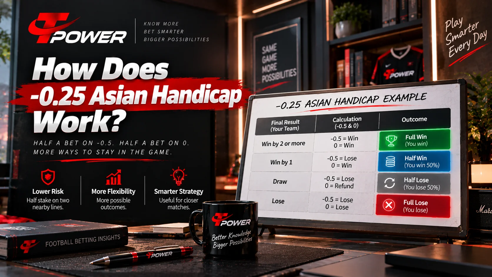 Minus 0.25 Asian Handicap explained with split stake settlement examples