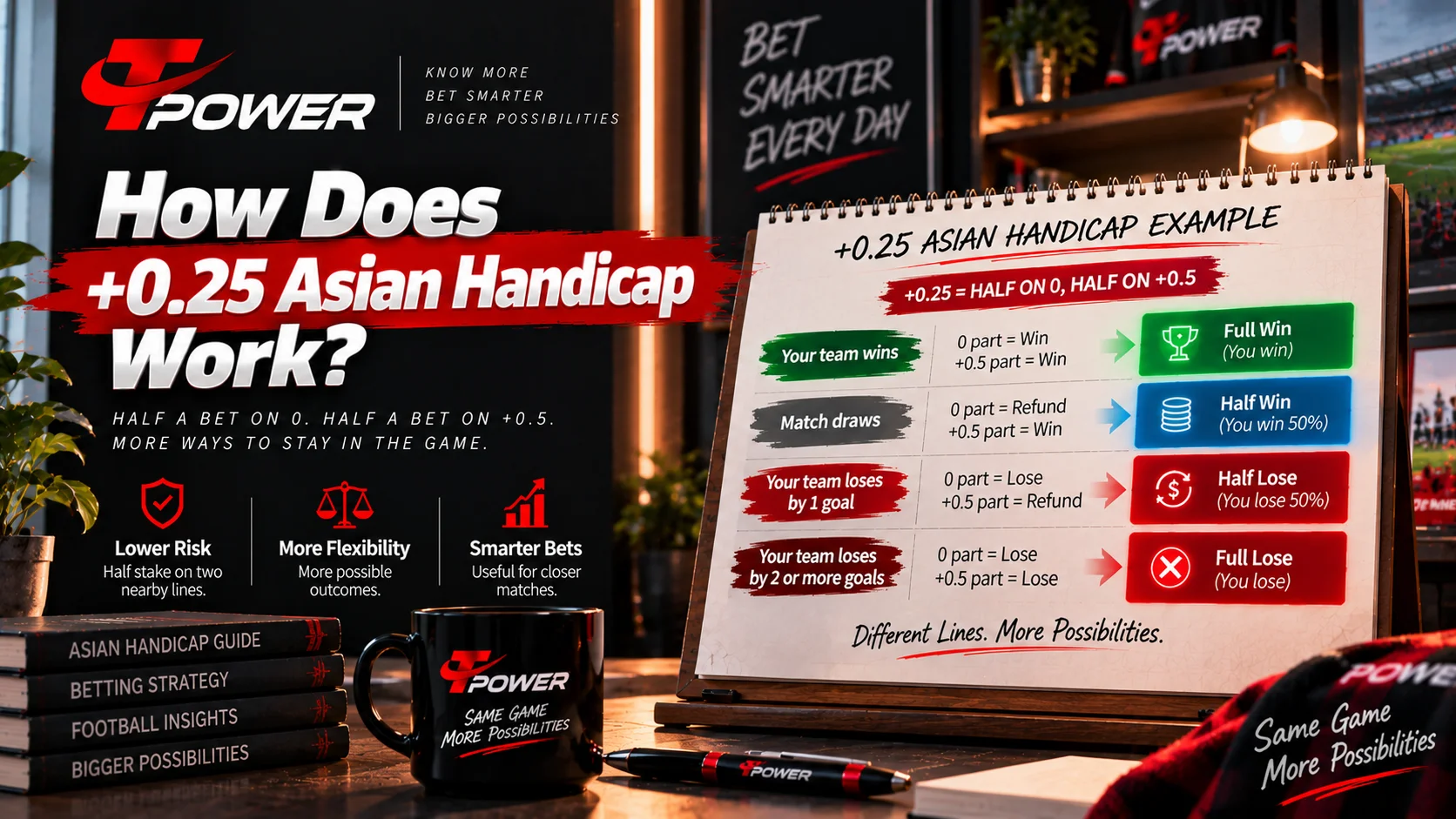 Plus 0.25 Asian Handicap explained with split stake settlement outcomes