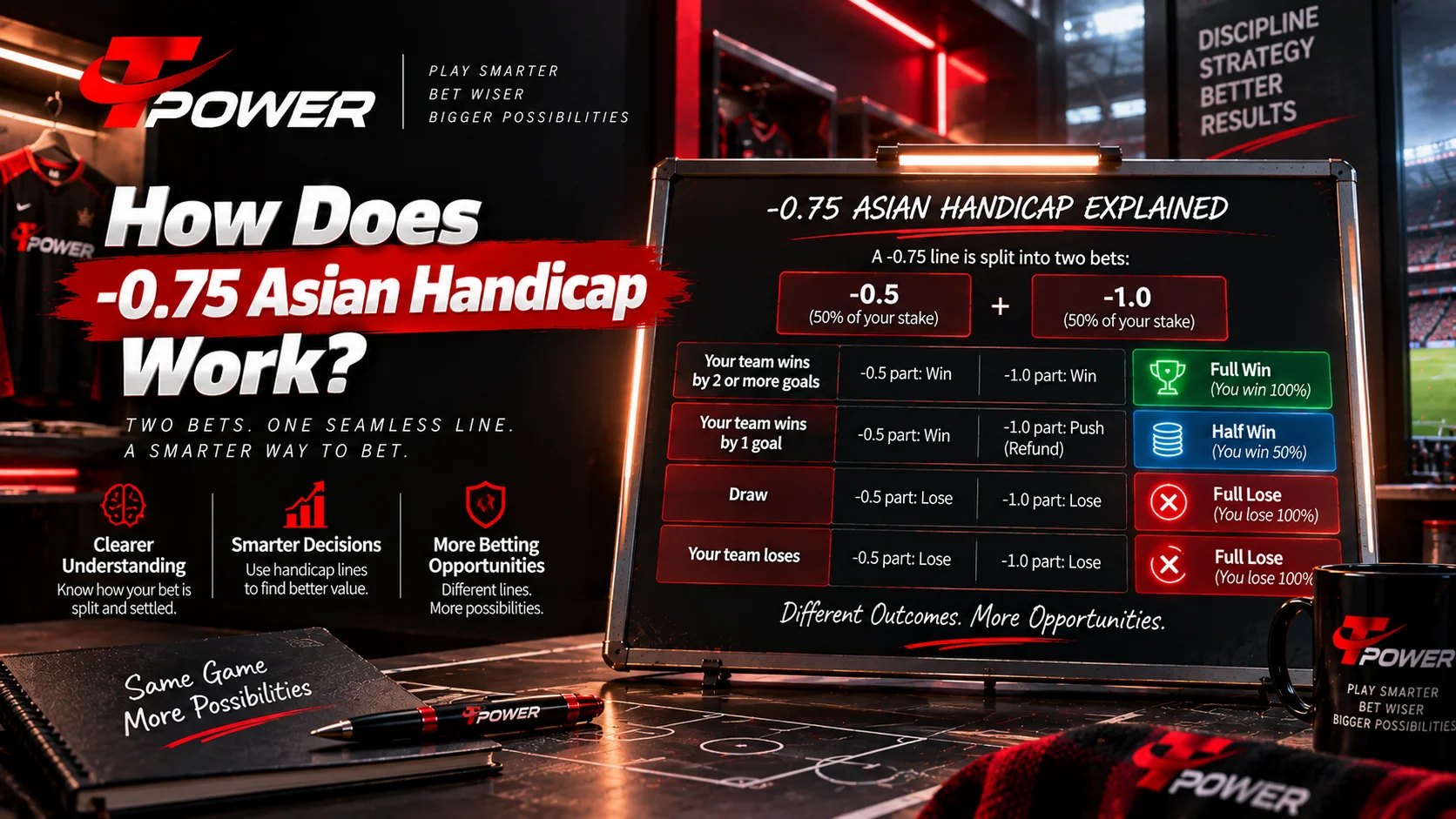 Minus 0.75 Asian Handicap explained with minus 0.5 and minus 1 split lines