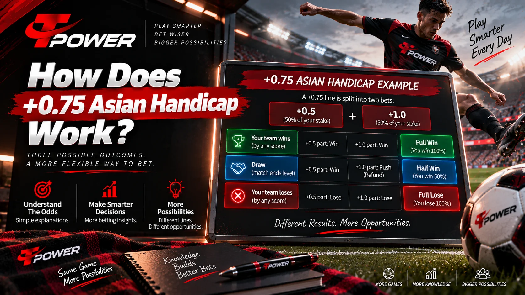 Plus 0.75 Asian Handicap explained with plus 0.5 and plus 1 split lines